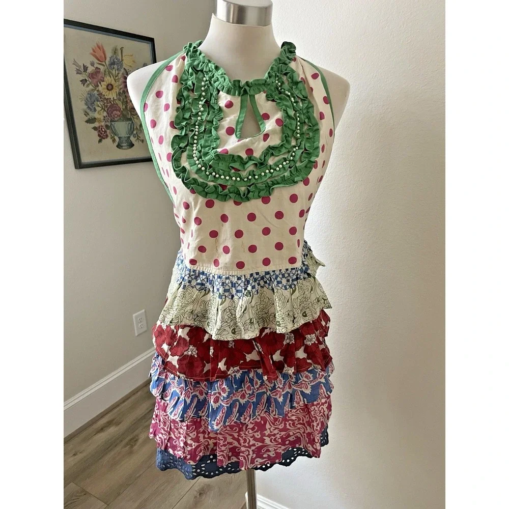 Pier 1 Imports Ruffled Boho Shabby Chic Full Apron Beads Eyelet Feminine